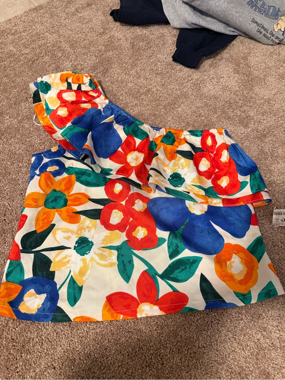 The Impeccable Pig Multicolor Floral One-Shoulder Ruffle Crop Top